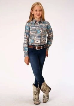 Girl's Roper Stepped Aztec Snap Front Shirt #03-080-0067-0770BU -Little Cowboys 0308000670770b