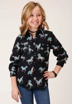Girl's Roper Black Horse Print Long Sleeves #03-080-0590-0154