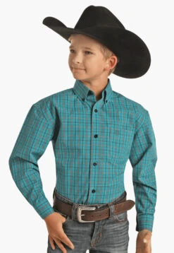 Boy's Panhandle Caribbean Teal Plaid Long Sleeve #C0D1603